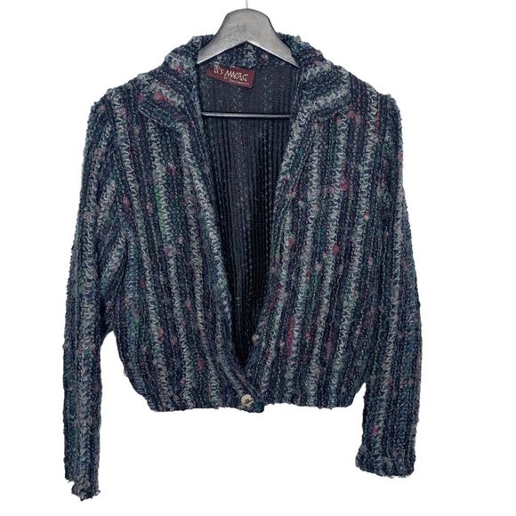 Vintage Sweaters - Vintage 90s Blue Multicolor Boucle Short Waist Cardigan Medium